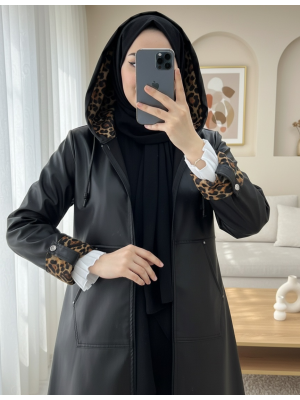 Leather Jacket with Zippered Folding Handle -Black