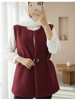 Beli Kemerli Çift Cepli Astarlı Peluş Yelek -Bordo