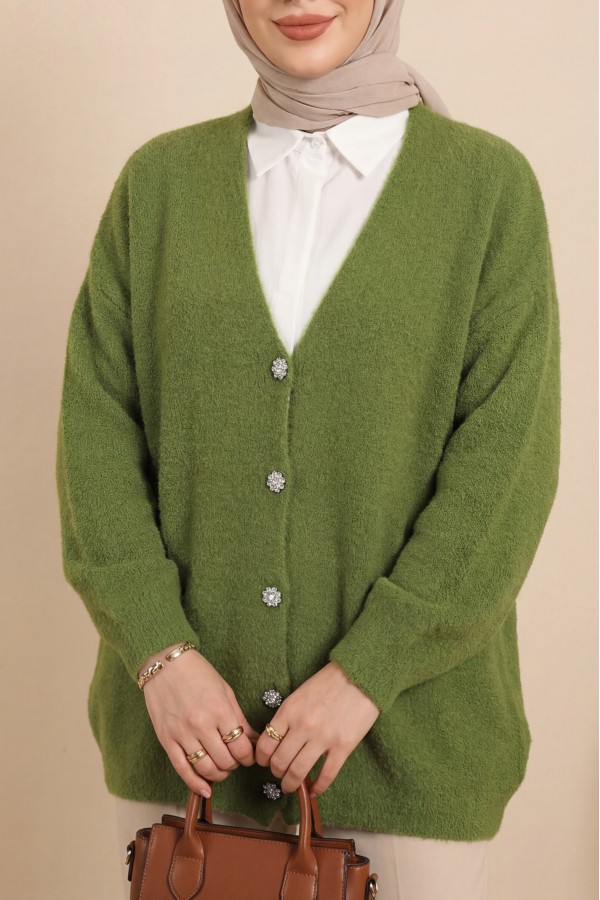 Buttoned Front Bearded Casual Knit Cardigan    -Khaki
