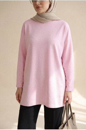 Eteği Kalp Detaylı Yırtmaçlı Salaş Penye Tunik -Pembe