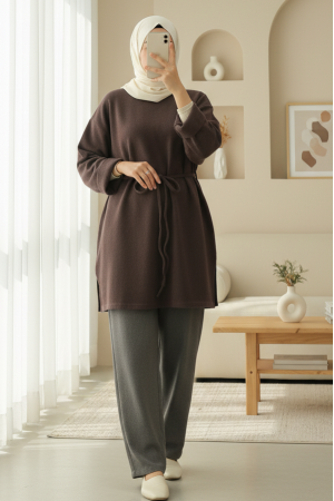 Kolu Katlı Beli Bağlamalı Yırtmaçlı Selanik Tunik -Toprak