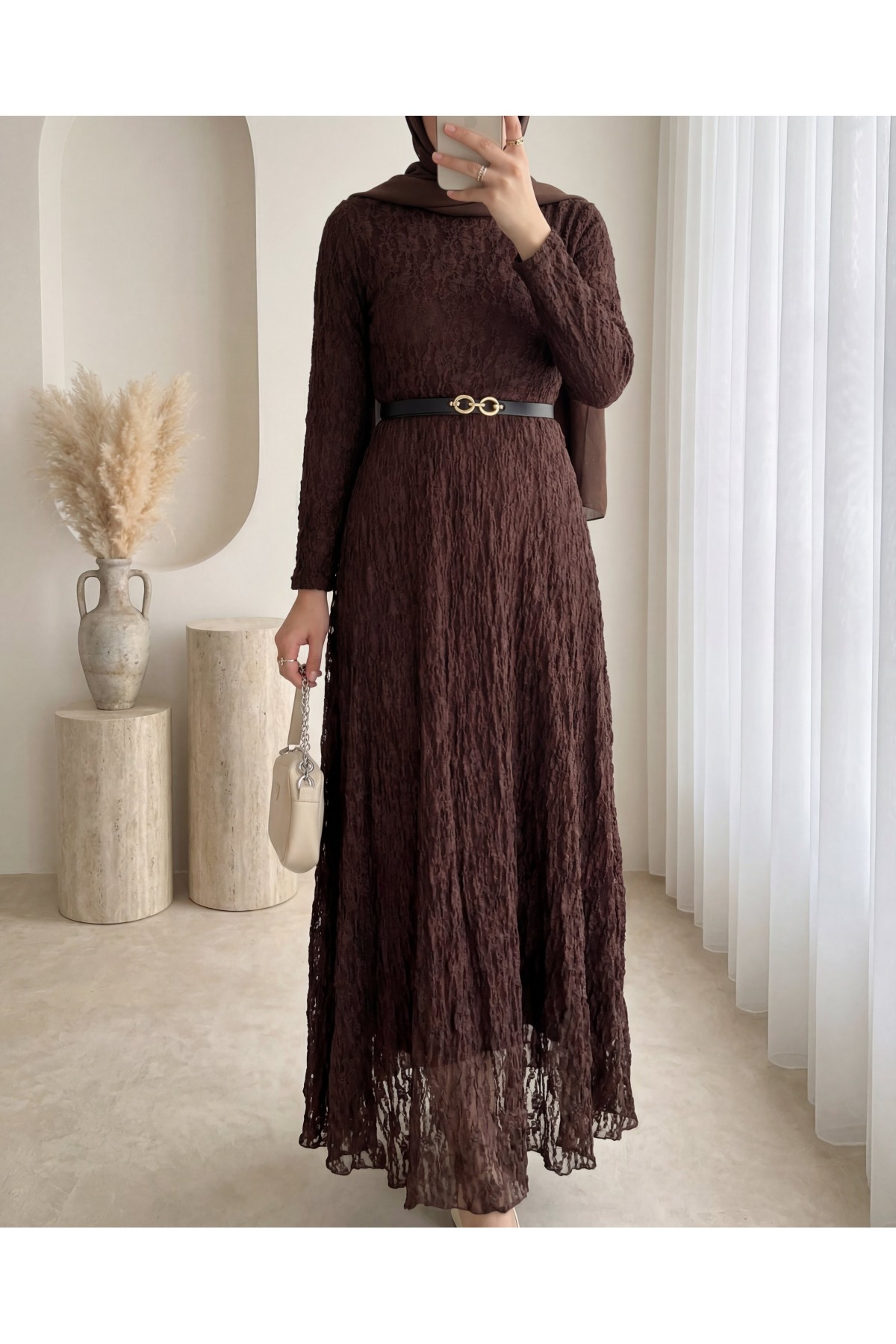 Belted Lined Guipure Lace Dress -Dark Coffee