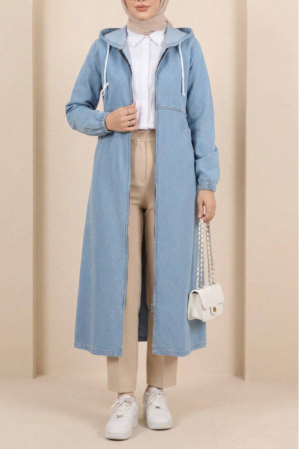 Side Pockets Elastic Sleeve Hooded Denim Cap -Light blue