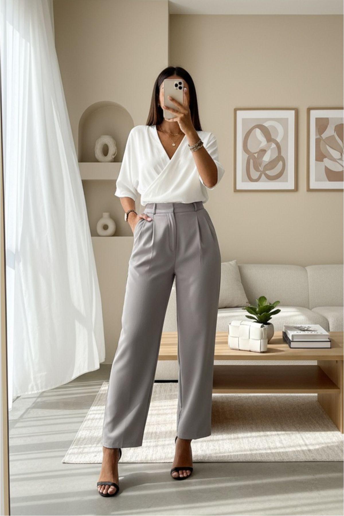 Thin Belt Pocket Stitched Leg Trousers -Grey