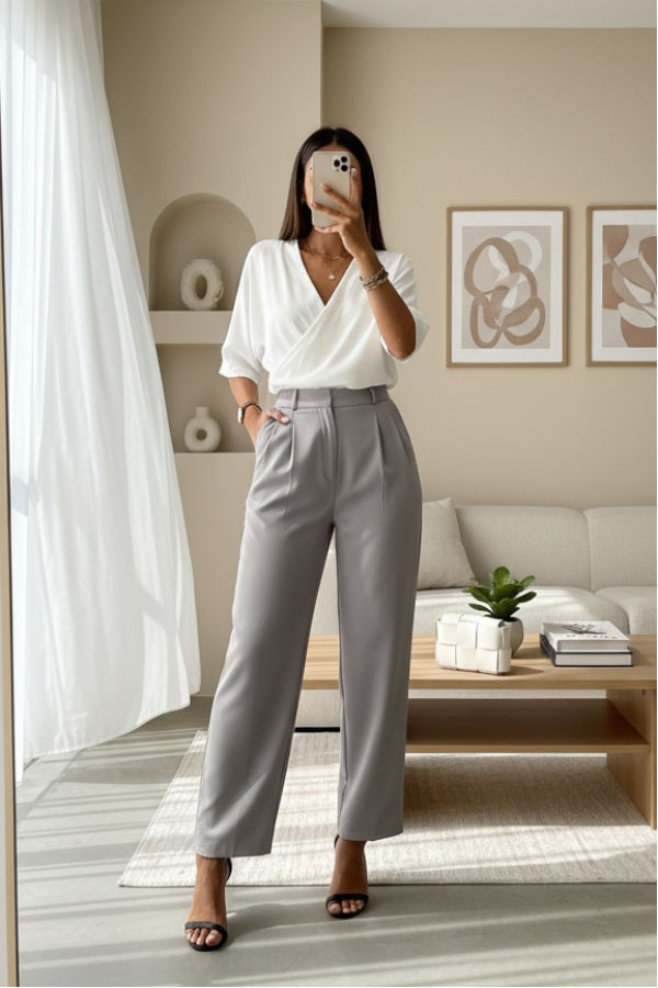 Thin Belt Pocket Stitched Leg Trousers -Grey