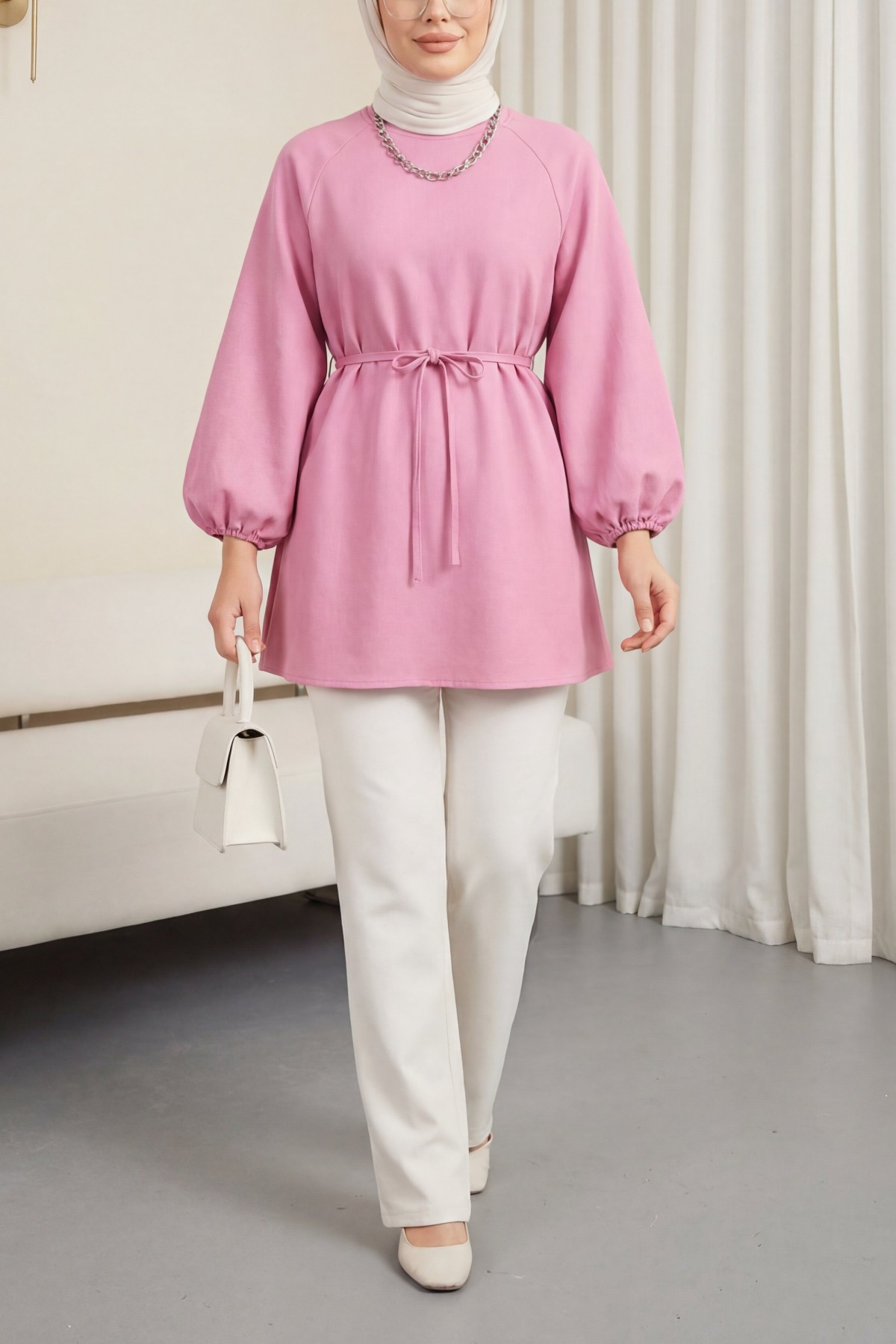 Round Neck Tied Waist Balloon Sleeve Tunic  -Pink