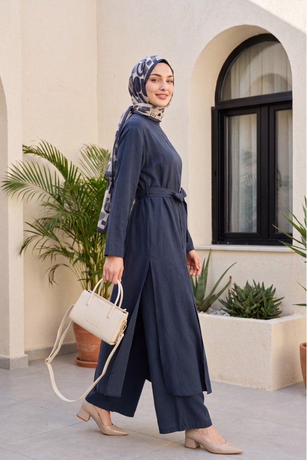 Modal Set with Long-Slit Tunic and Pocketed Trousers -Smoked 