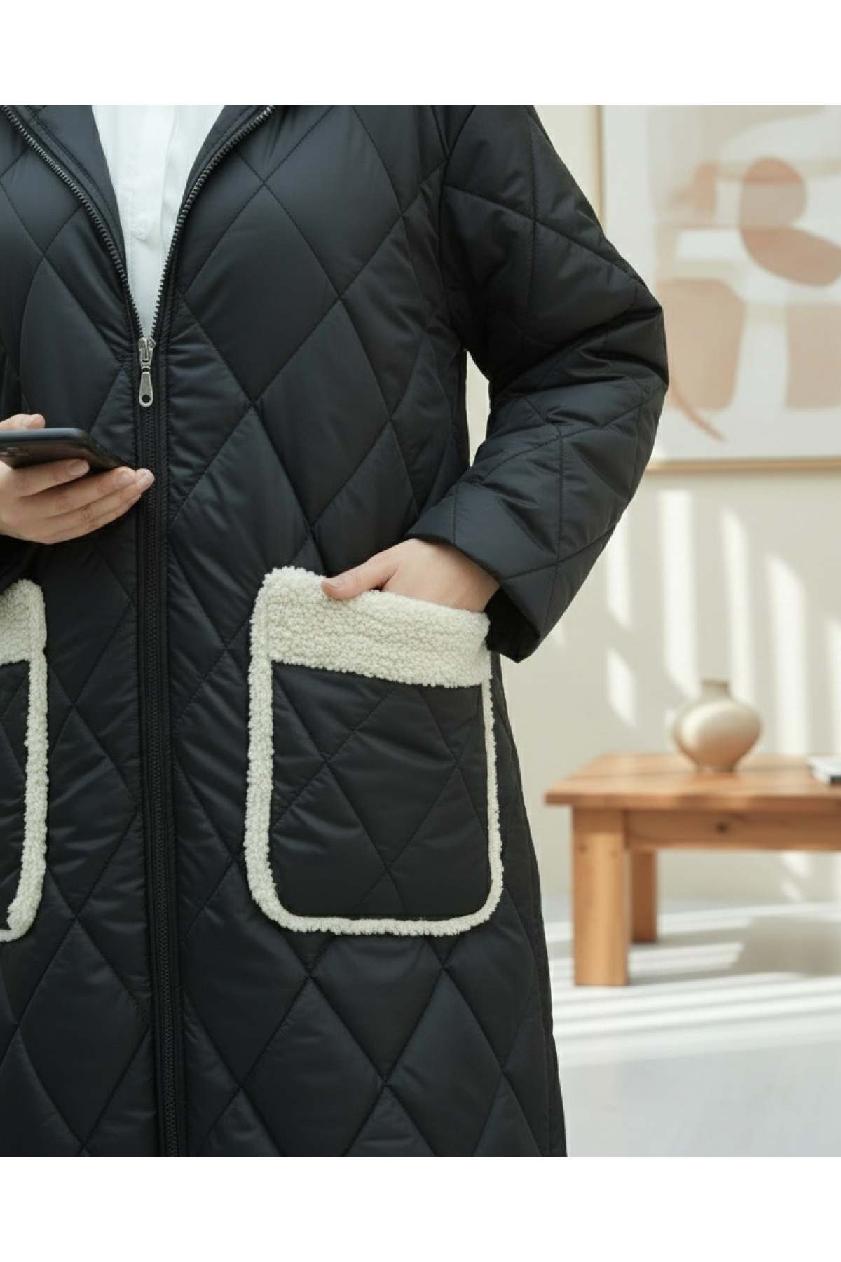 Long Quilted Coat with Pocket, Hood, Zipper and Lining -Black