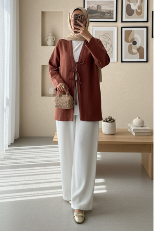 Önü Üç Bağcıklı Keten Kimono -Taba