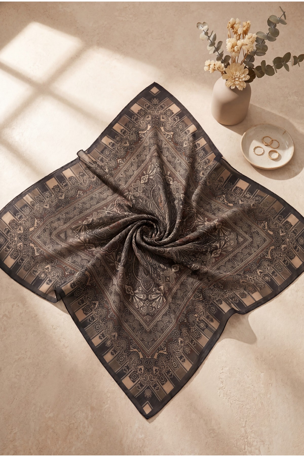 Authentic Patterned Cotton Scarf  -Mink color