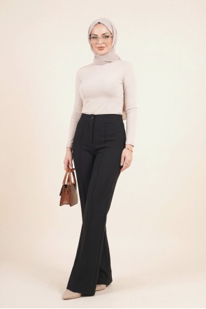 Düğmeli Beli Lastikli Likralı Palazzo Pantolon -Siyah