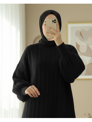 Fitilli Yırtmaçlı Yumoş Triko Tunik -Siyah