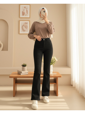 Cepli İspanyol Paça Fermuarlı Kot Pantolon  -Siyah