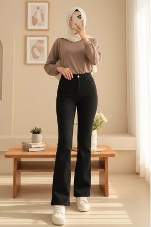 Cepli İspanyol Paça Fermuarlı Kot Pantolon  -Siyah