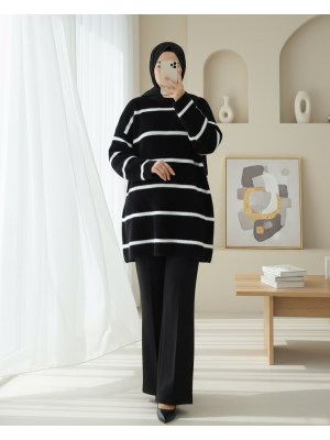Çizgili Salaş Sakallı Triko Tunik -Siyah