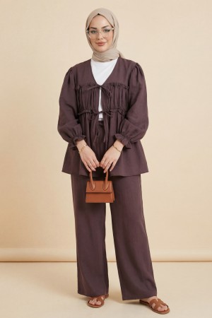 Önü Bağcıklı Büzgülü Kolu Lastikli Modal Takım  -Mürdüm