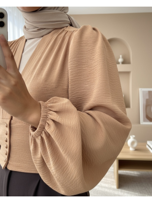 Düğmeli Arkası Lastikli Balon Kol Sandy Crop     -Vizon