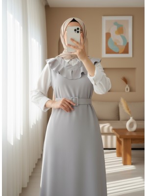 فستان طويل برقبة V         -اللون الرمادي