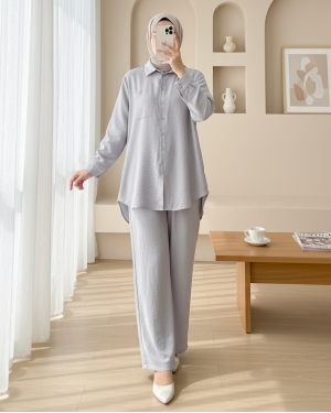 Poplin Shirt with Long Back Buttons - Light grey