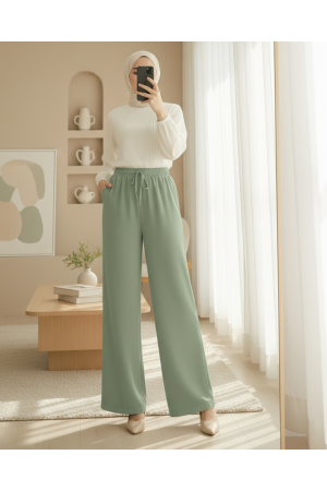 Beli Lastikli Bağcık Detaylı Cepli Bol Paça Tensel Pantolon -Çağla Y.