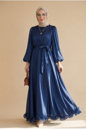 Eteği Volanlı Kemerli Janjan Şifon Elbise -Laci