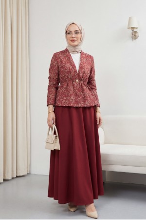 V-Neck, Gathered Waist, Single Button, Patterned Double Set -Maroon