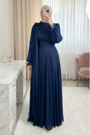 Glamorous Evening Dress with Elasticated Sleeves, Rose-Decorated Cape, and Draped Waist. -Navy blue