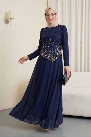 فستان سهرة من الشيفون بتصميم غير متماثل، مزين بأحجار متناثرة. -كحلي