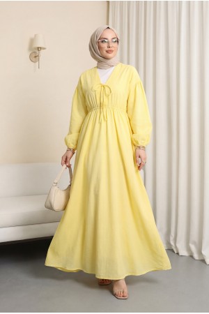 Yakası Bağlamalı Kolu Ve Beli Lastikli Müslin Elbise -Sarı
