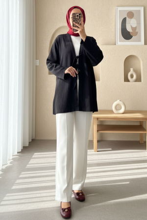 Önü Üç Bağcıklı Keten Kimono -Siyah