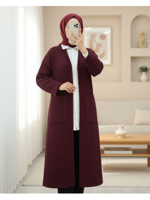 Çift Cepli Uzun Triko Hırka -Bordo