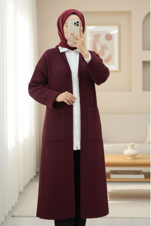 Çift Cepli Uzun Triko Hırka -Bordo