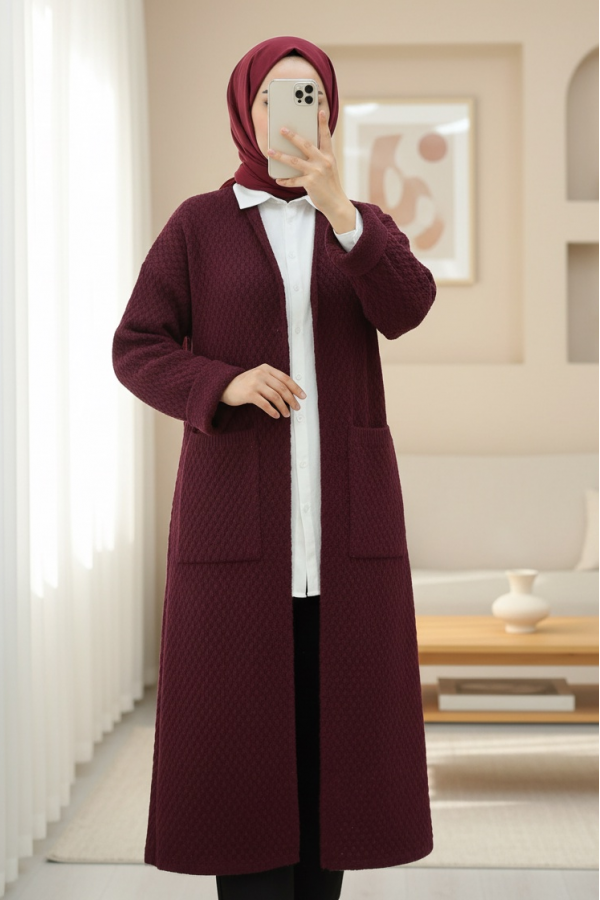 Double Pocket Long Knitted Cardigan -Maroon