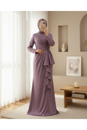 Eteği Fırfırlı Önü Drapeli Saten Abiye -Lila