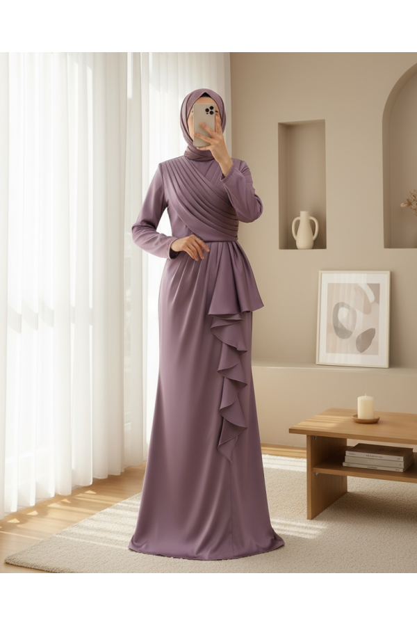 Frilly Skirt and Draped Front Satin Evening Dress -Lilac