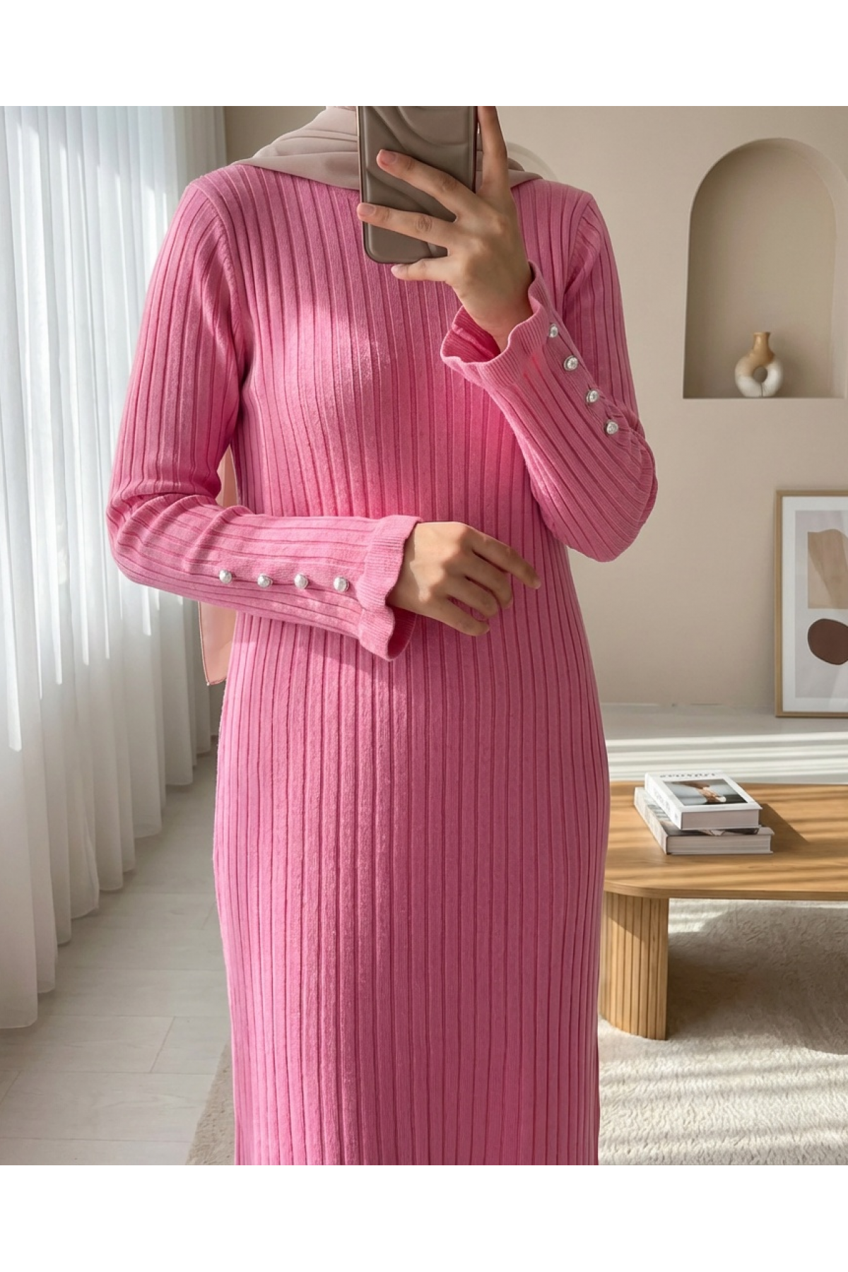 Buttoned Sleeves, Ruffled Skirt Knit Dress -Pink