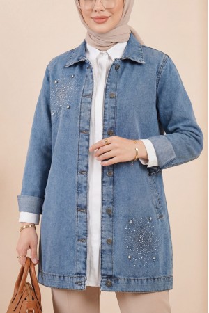 Önü Taş Detaylı Çift Cepli Kot Ceket   -Buz Mavi