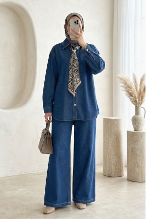 Bol Paça Beli Lastikli Pantolonlu Fular Detaylı Kot Takım -İndigo