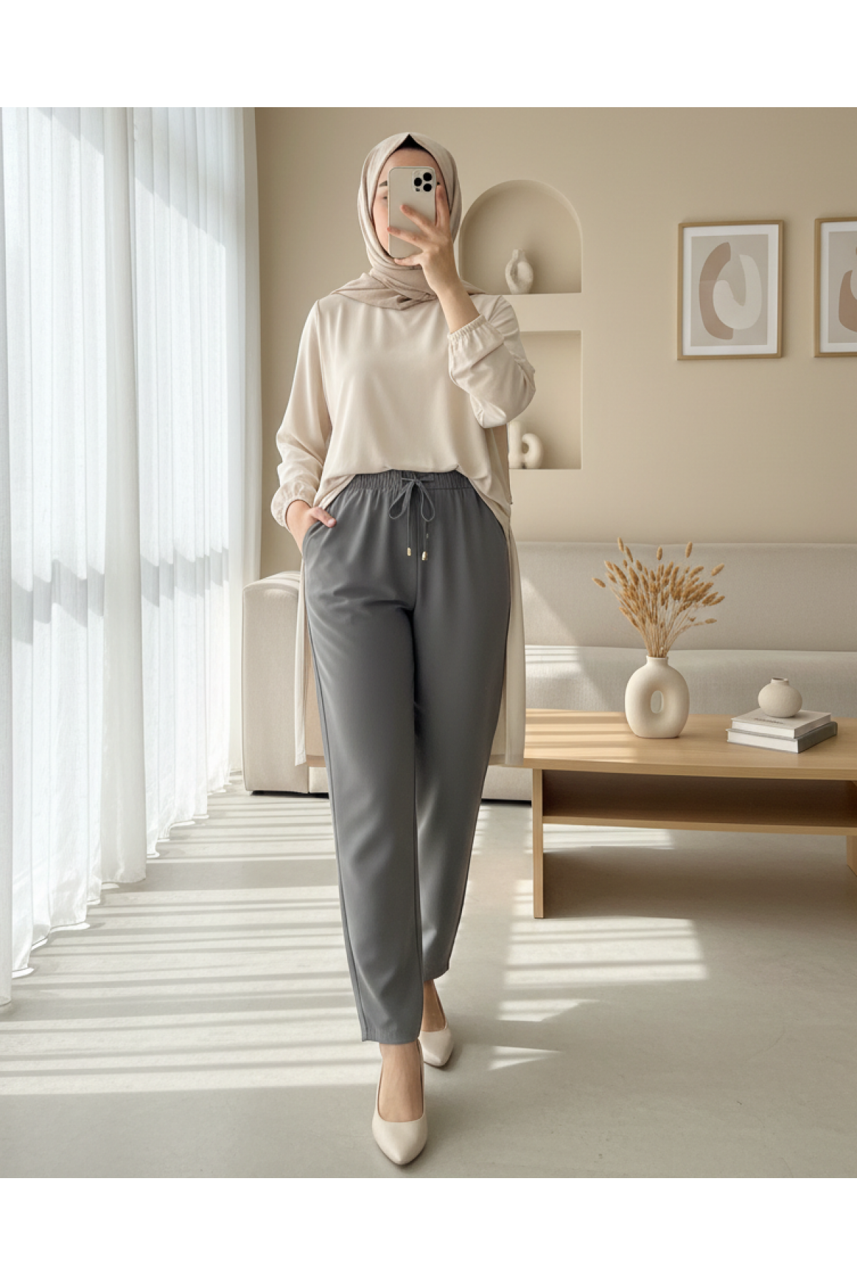 Çift Cepli Beli Lastikli Bağcık Detaylı Pantolon  -Füme