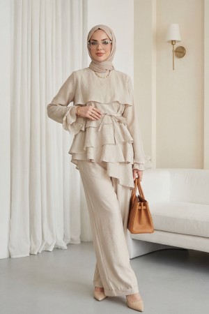 Asimetrik Kat Detaylı Bağcıklı Pantolonu Astarlı Cupra Takım  -Taş