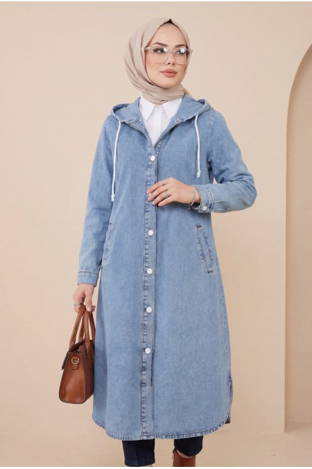 Kapşonlu Düğmeli Oval Kesim Kot Kap -Buz Mavi