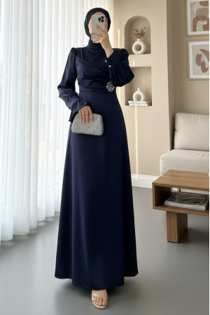 Satin Dress with Ruffled Cuffs and Stone Detail on the Front -Navy blue