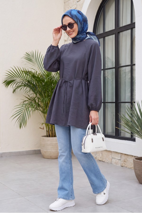 Round Neck Tied Waist Balloon Sleeve Tunic  -parliament
