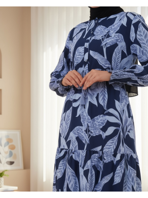 2145 Desenli Tesettür Elbise - A.Lacivert