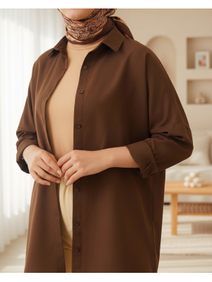 103901 Oversize Basic Tesettür Gömlek - Kahverengi