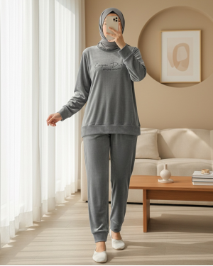 French Velvet Pajama Set with Embossed Text -Grey