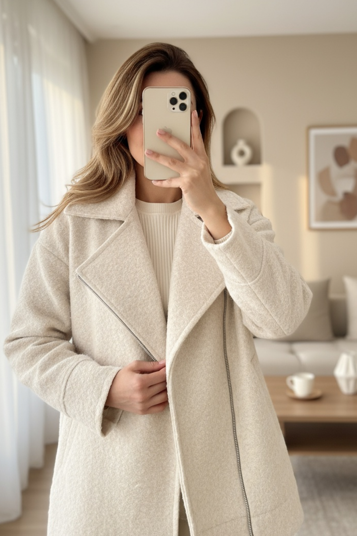 Front and Pocket Zippered Lined Boucle Jacket -Cream color