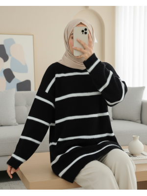 Çizgili Salaş Sakallı Triko Tunik -Siyah