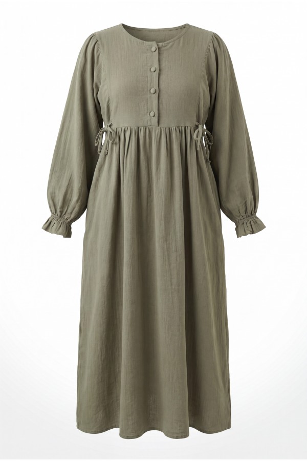 Half-Button Muslin Dress with Elasticated Sleeves and Tie Waist -Khaki