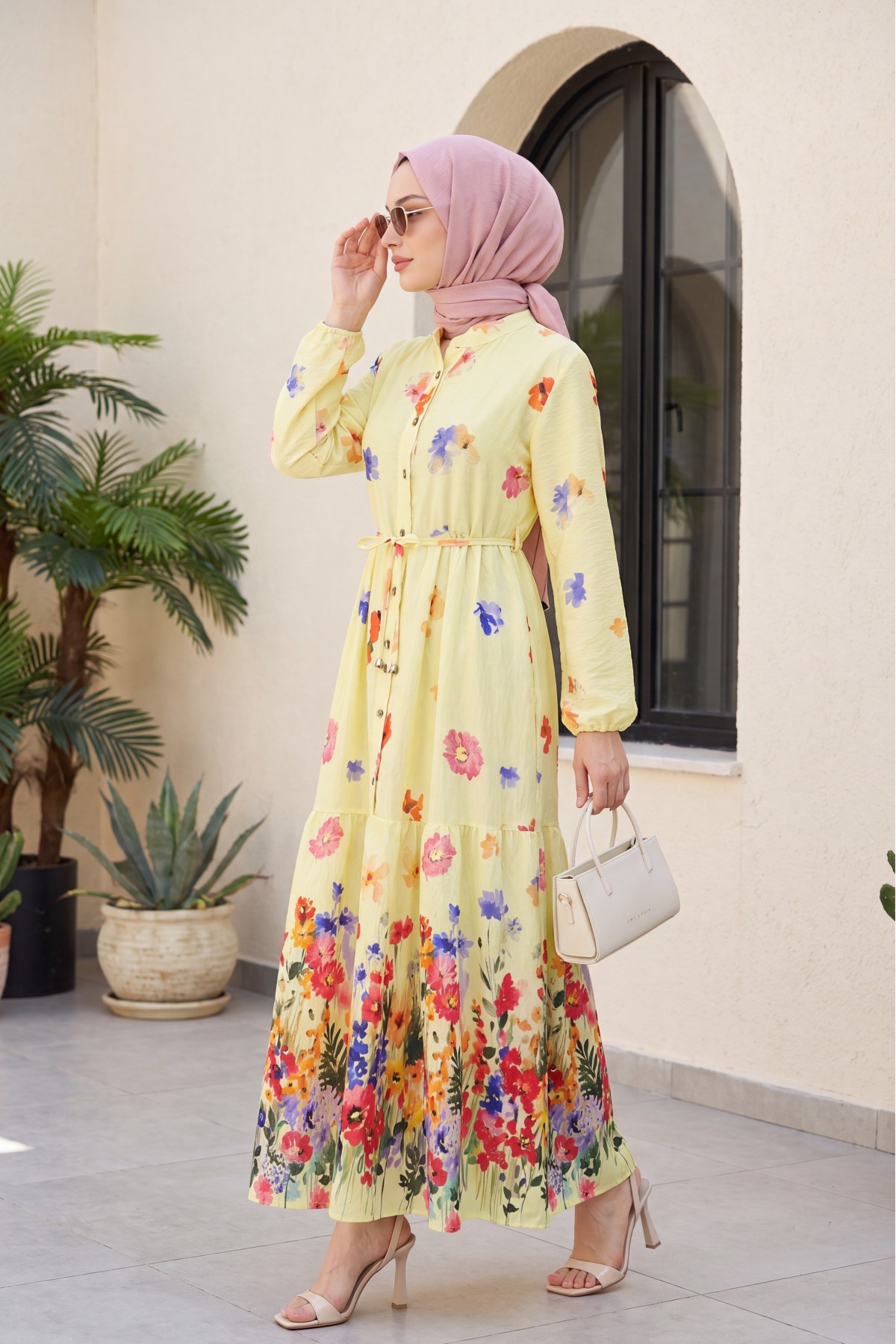 Floral Patterned Polycotton Dress with Elasticated Sleeves, Half Button Closure and Belt  -Yellow